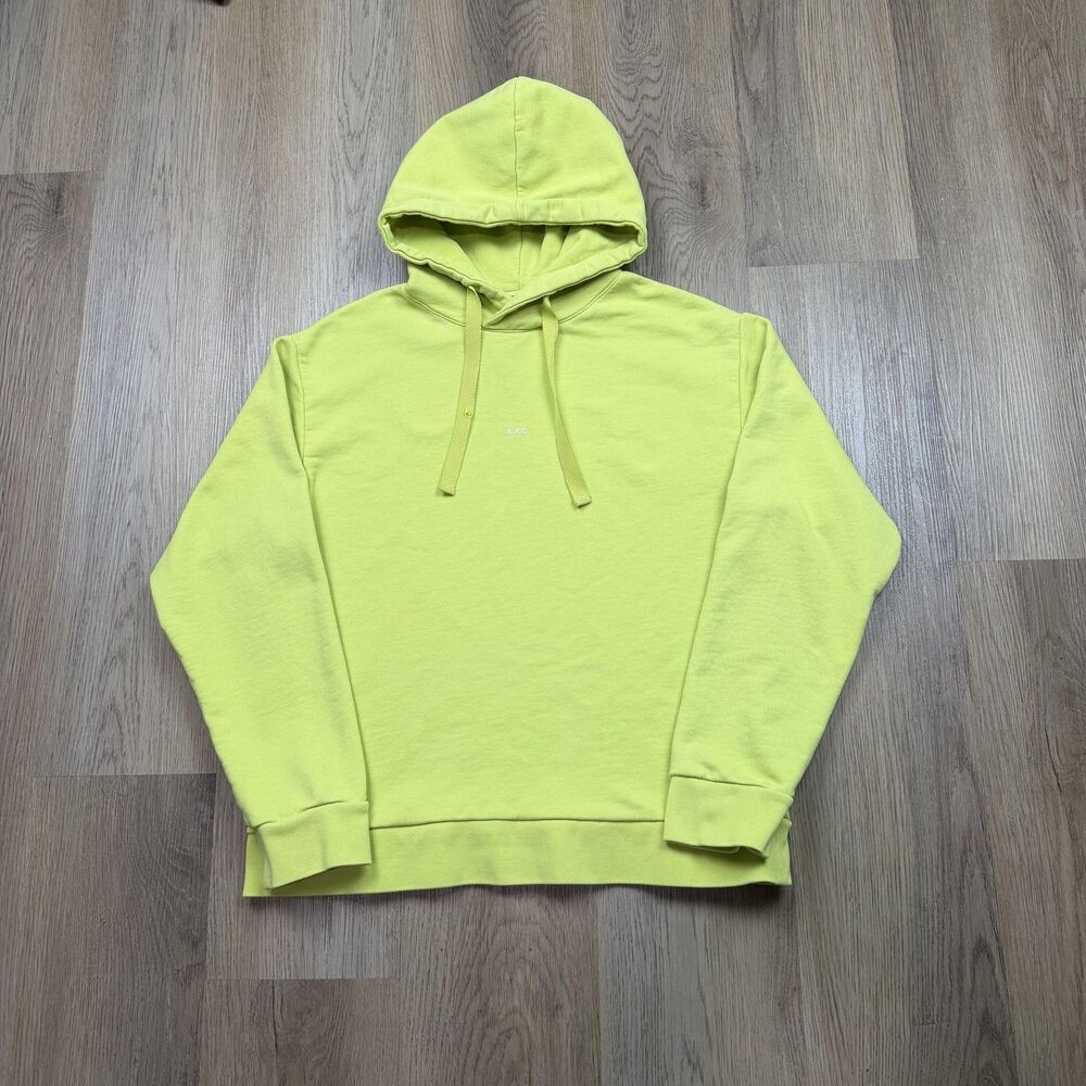A.P.C. Hoodie Mens Large Lime Green Organic Cotton Logo Fleece Pullover - Picture 1 of 11